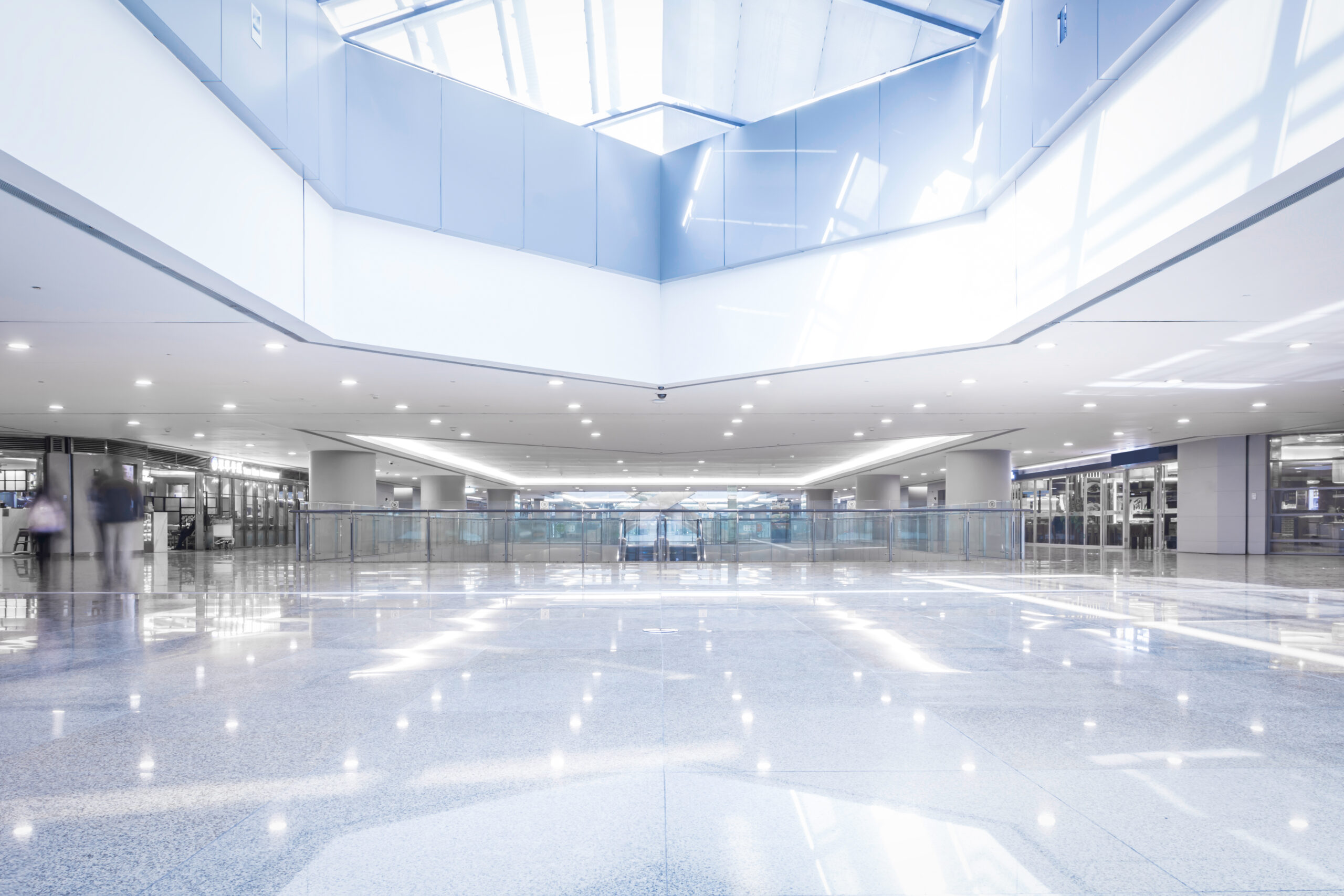 Highly polished shopping centre floors and clean glass shopfronts maintained to a national retail standard
