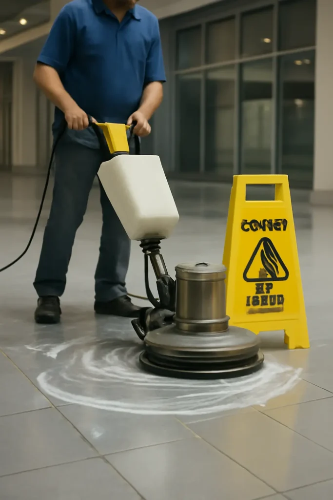 Professional retail store floor cleaning with a caution wet floor sign in Canberra